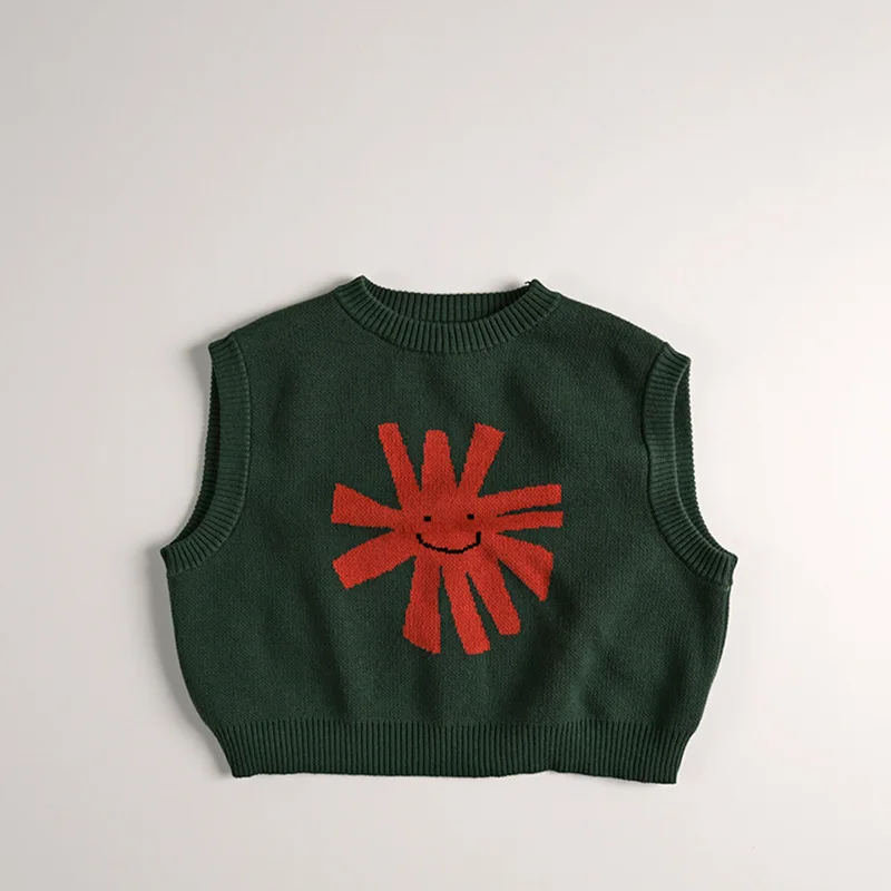 Kids Sweater Autumn Children Sleeveless Sweater Fashion Print Boys Girls Cotton Knit Vest O-neck Loose Kids Vintage Sweater