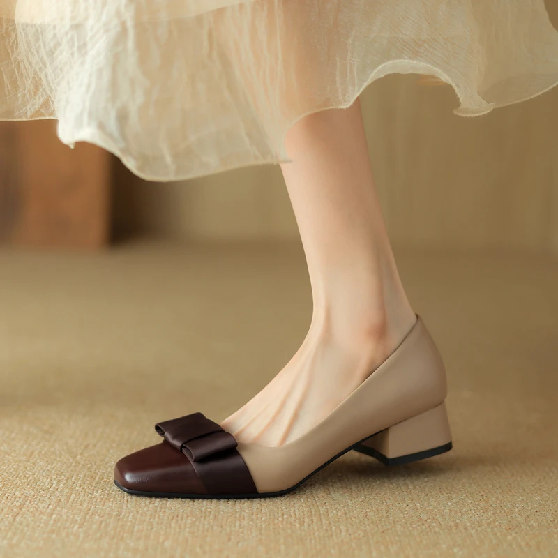 

2024 Spring New Single Shoes Women Mix Color Patchwork Bowknot Elegant Slip on Mid Heels Pumps Ladies Party Office Loafers 32-43