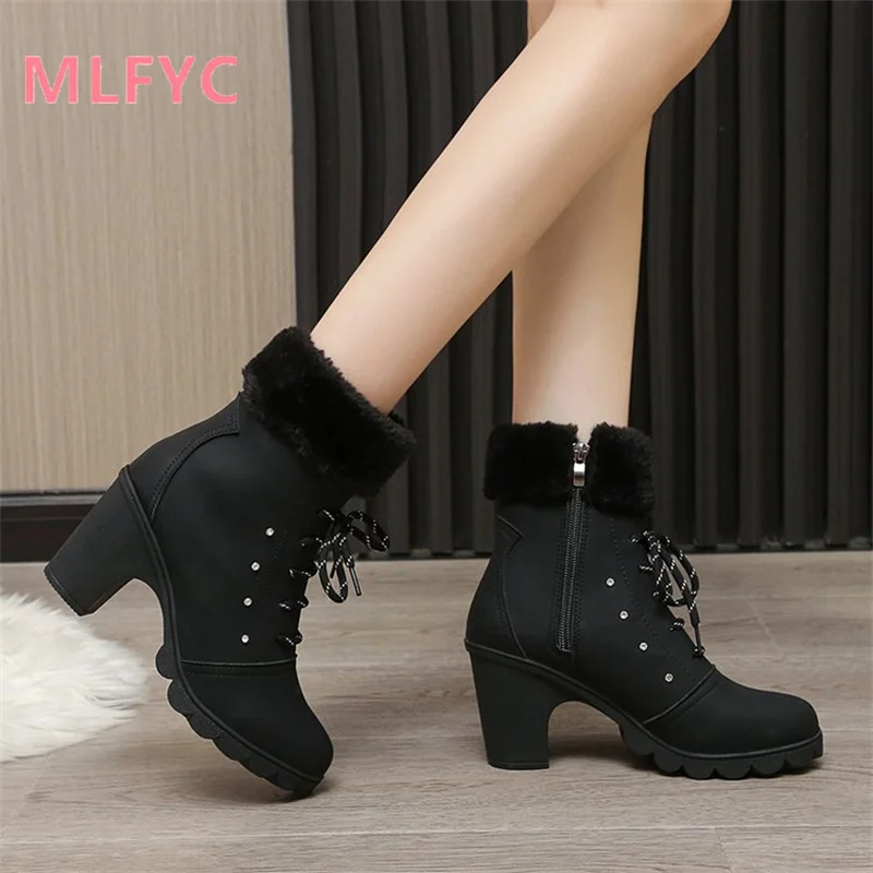 

Winter short boots, Korean version, high heels with fur waterproof platform, autumn and winter thick heels women's boots
