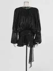 Elegant V-Neck Long Sleeve Lace-Up Mini Dress - Sweet Style Women's Fashion - M (BLACK)