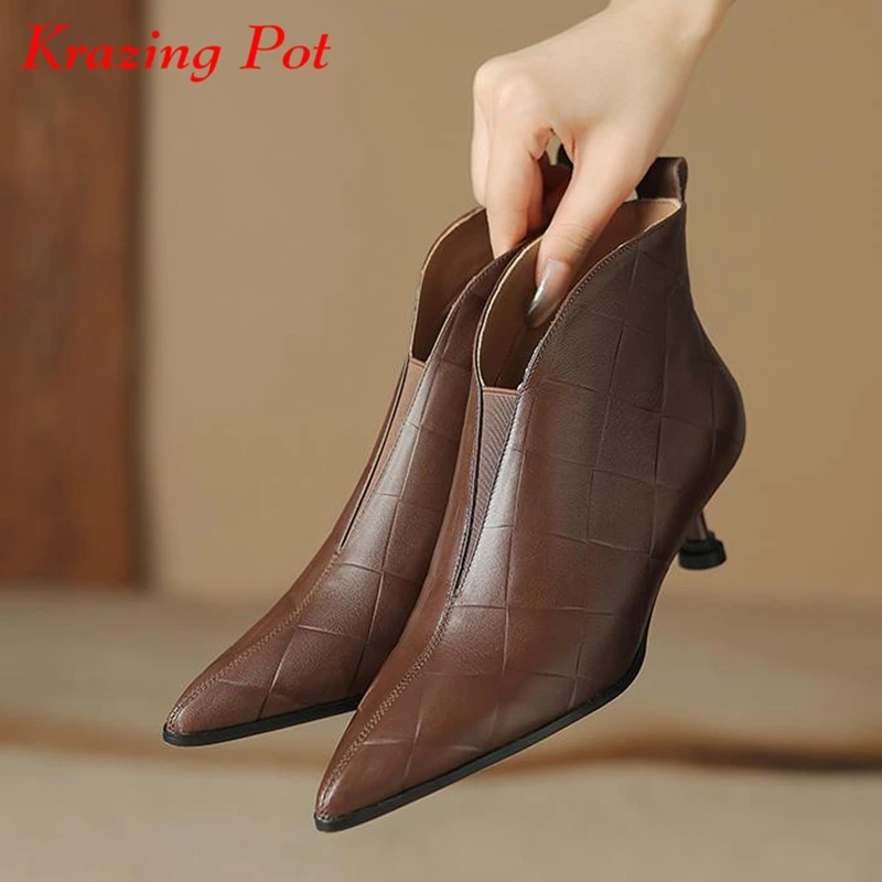 

Krazing Pot vintage Cow Leather Pointed Toe Winter Keep Warm Modern Boots Thin Med Heels Beauty Lady Dance Slip On Ankle Boots