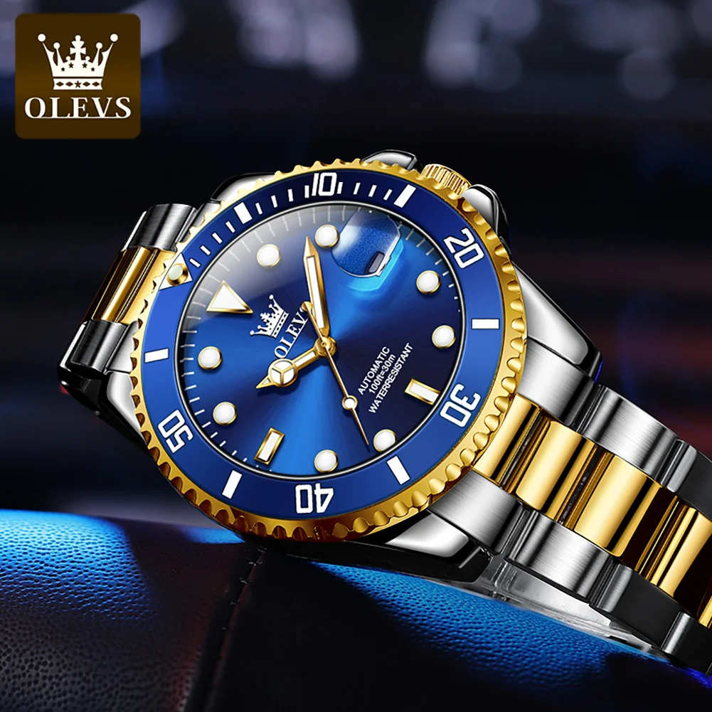Mechanical Watch Diver Watch Business Watch Link OLEVS Men's Automatic Mechanical Watch Rotatable Bezel Analog Wristwatch Diving Green Waterproof Business Man Watch