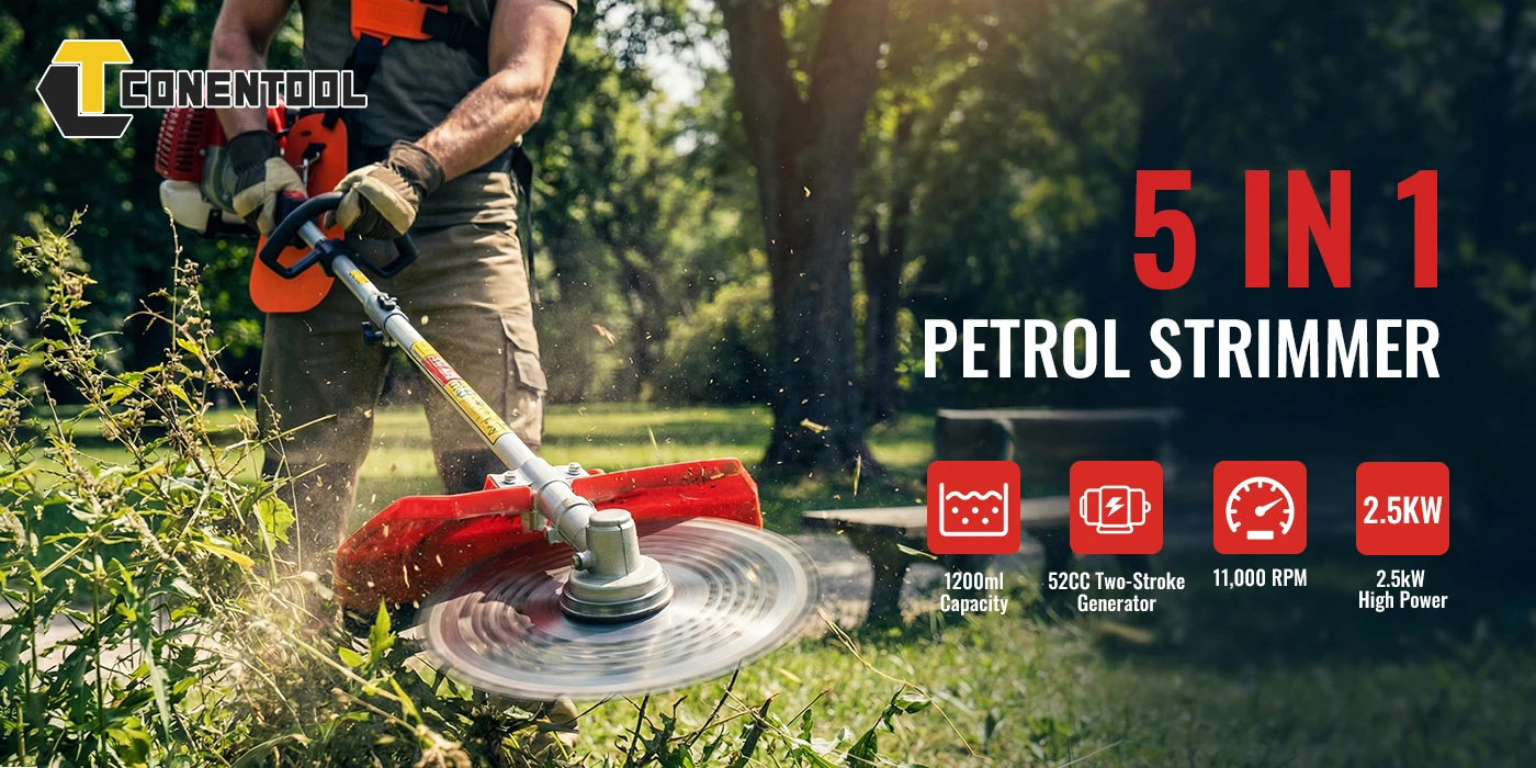 CONENTOOL 52cc 5-in-1 Benzin-Freischneider 2,5KW 11000RPM Benzin-Rasentrimmer Rasenmäher Heckenschere Gartenwerkzeug Multifunktional 2-Takt – Detail 1