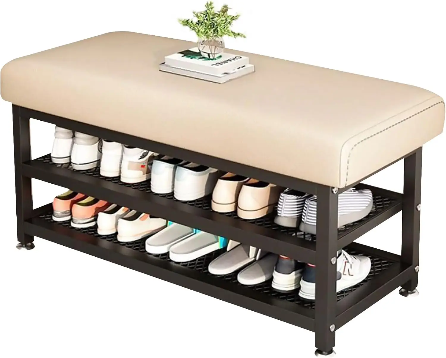 رف الأحذية، خزانة الأحذية، رف الأحذية المعدني الثقيل مع مقعد وسادة مبطن، أثاث ديكور حديث للدخول، أورجاني للأحذية بطبقتين