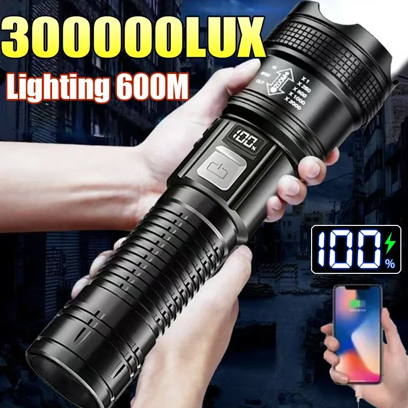 고출력 LED 손전등 USB 충전식 토치 강한 빛 손전등 전술 줌 플래시 라이트 야외 캠핑 랜턴