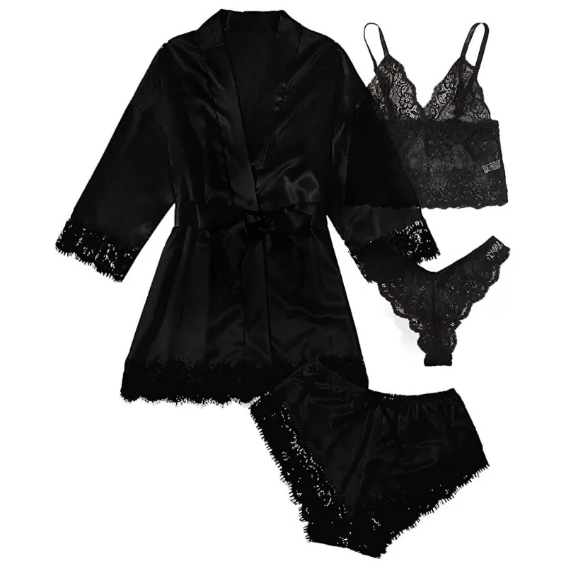 4Pcs/set bathrobe women's shower erotic lingerie home wear lace camisole shorts ladies solid colour nightgown pajamas four sets