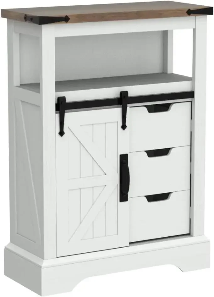 -New-Bathroom Floor Cabinet, Farmhouse Cabinet with Sliding Barn Door & Storage Drawers, Small Storage Cabinet for Bathroom,