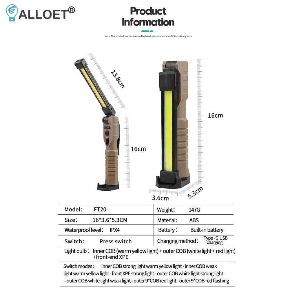 Led Flashlight Led Work Light Work Light Handheld Flashlight 400 Lumens Type-C USB Rechargeable for Outdoor Car Repair Managetic Work Light with Power Capacity Indicator