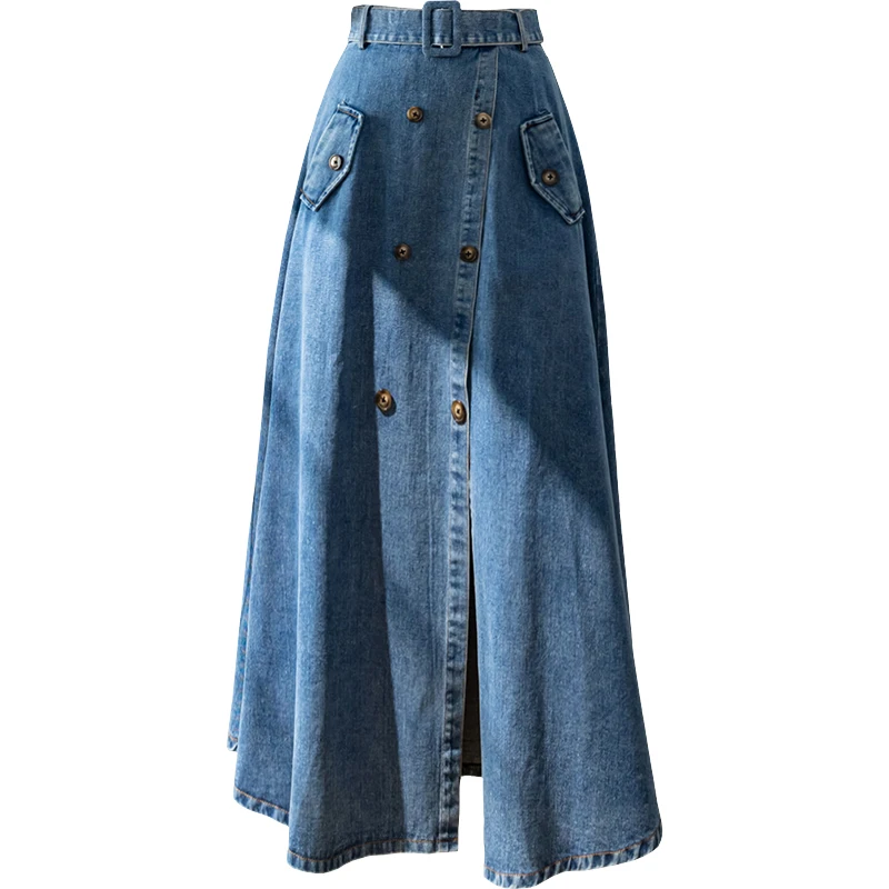 Elegant Women Denim Skirt Blue High Waist Buttons Split A-Line Jean Skirt Fashion Ladies Versatile Mid-Length Skirt