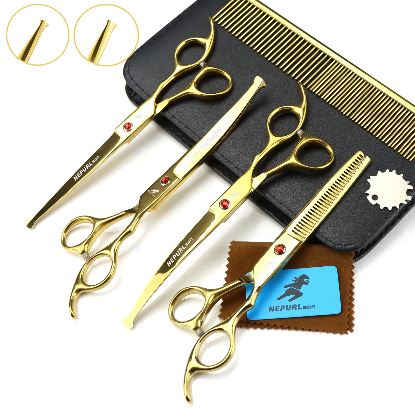 Dog Grooming Scissors Set 6.5" 7" Round Top Safety Japan Stainless Thinning Shears Straight