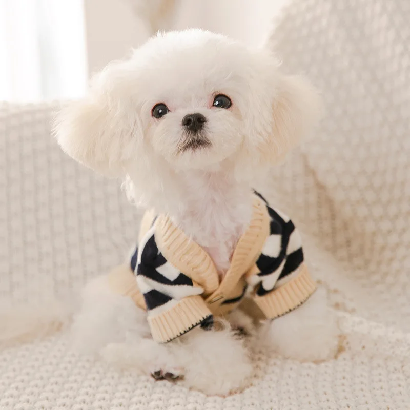 

Autumn Puppy Striped Knit Sweater Pet Dog Button-down Shirt Two Feet Clothes Teddy Warm Winter Clothes Pet Supplies