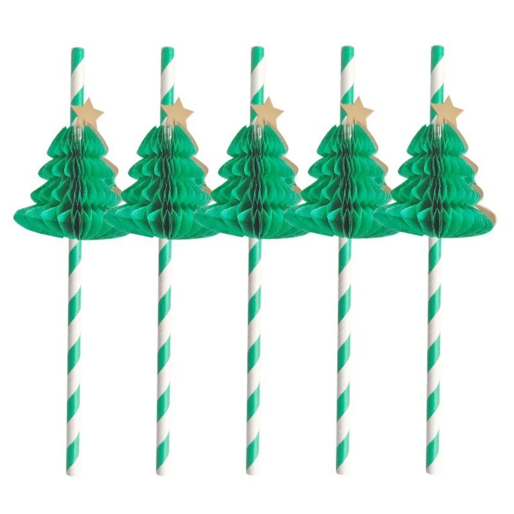 10/50 Pcs 3D Christmas Tree Party Decoration Green Disposable Paper Straws for Christmas Party