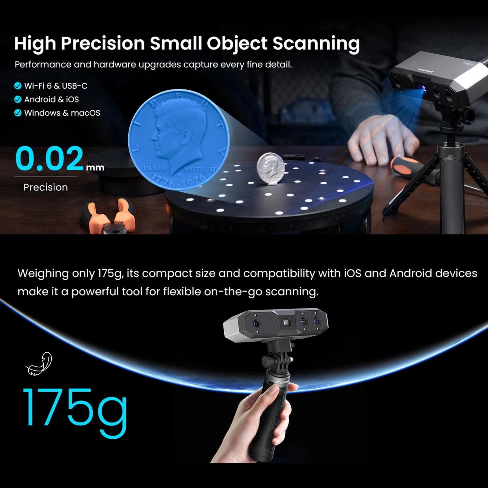 Revopoint MINI 2 Standard 3D Scanner Up to 0.02mm Precision, 16 fps Fast Scanning,Scanner for Dental, Jewelry and Small Objects