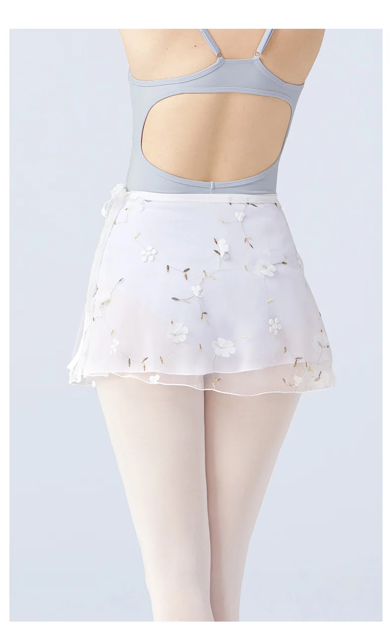 Damen-Ballett-Wickelrock, bestickter Rock, Ballettrock für Erwachsene, transparenter Chiffon-Tanzrock mit verstellbarem Bund, weißer Rock – Detail 5