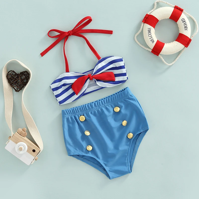 Baby Girl Swimwear 2 Pcs Set Summer Hanging Neck Striped Tops Elastic Waist Button Shorts