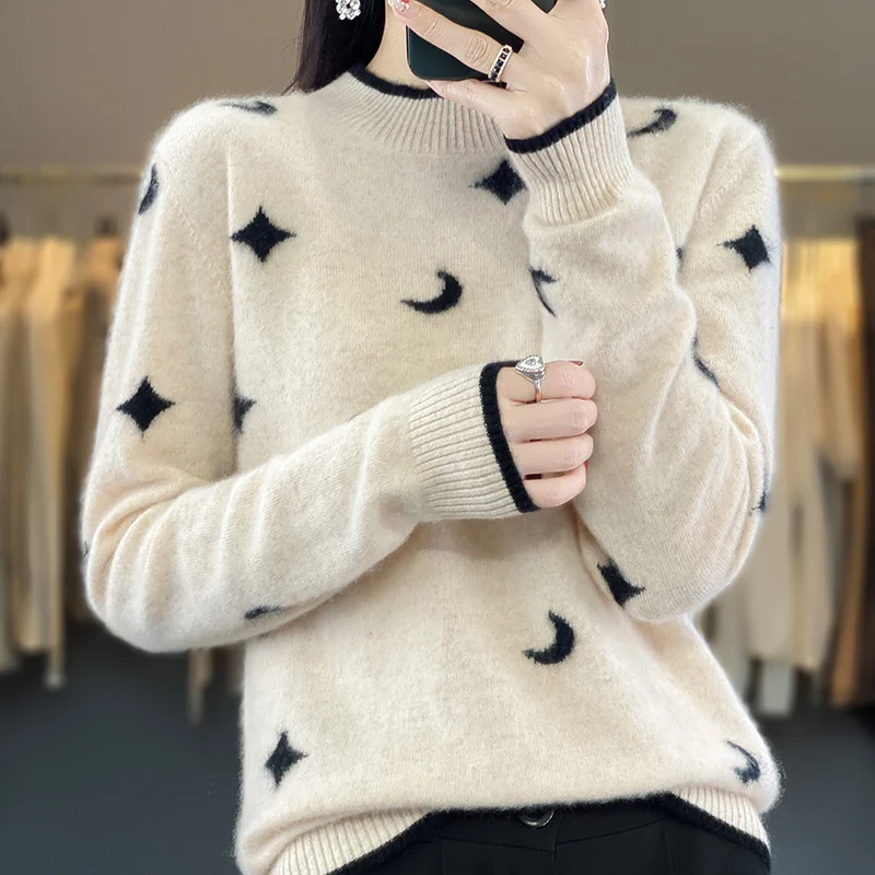 

Autumn and Winter New Sweater 100% Wool Women's Sweater Fashion Knitted Embroidery Versatile Half High Collar Underlay