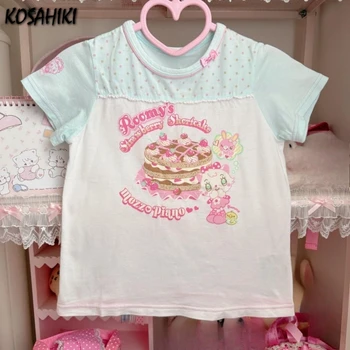 Summer Japanese Kawaii Cartoon Printing Tops Women Harajuku Wave Point Patchwork T-shirt Y2k Aesthetic Fairy Grunge Cute Tee 1