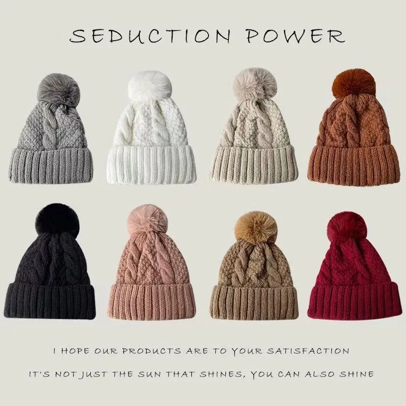 Winter Dicke Plüsch Kappe Beanie Einfarbig Damen Warme Ski Schnee Skullies Beanies Twist Stricken Hut für Frauen Pelz Pompom MZr03