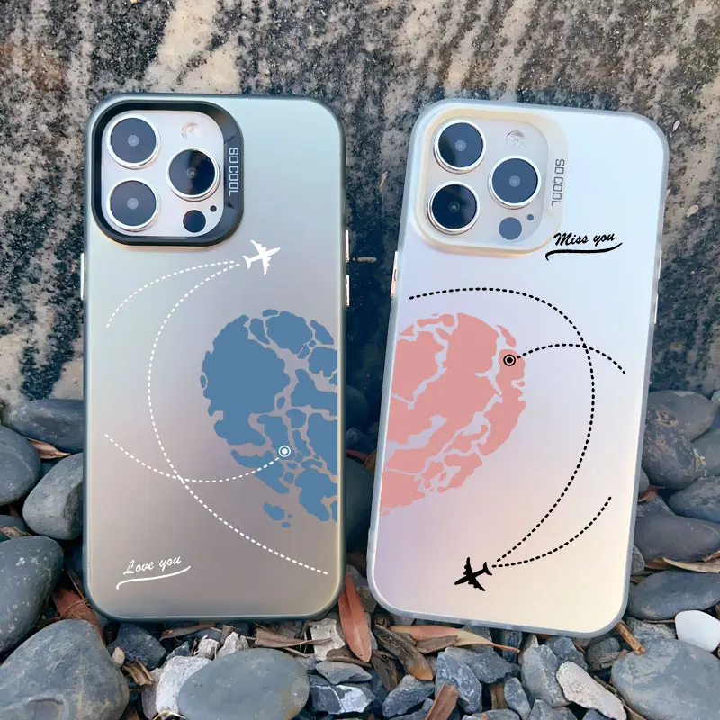 Flugzeug-Handyhülle mit Herz-Paar-Motiv für Apple iPhone 17 16 15 13 12 11 Pro Max Mini 14 Pro Max Plus – Stoßfeste Laser-Cover