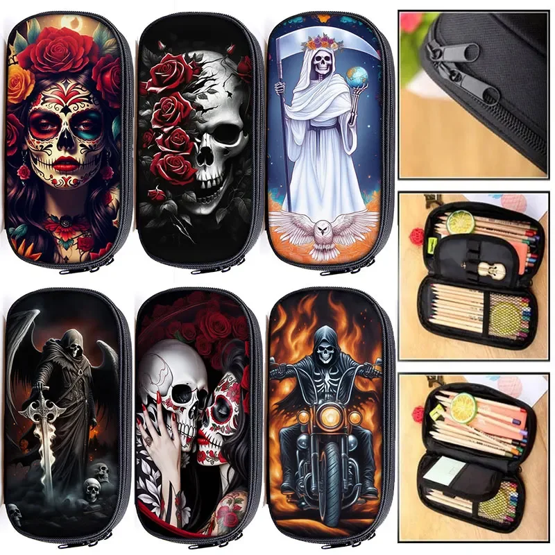 

Horror Gothic Death Skull Rose Pattern Pencil Case Holy Death Women Cosmetic Bags Teenager Pencil Box School Cases Supplies Gift