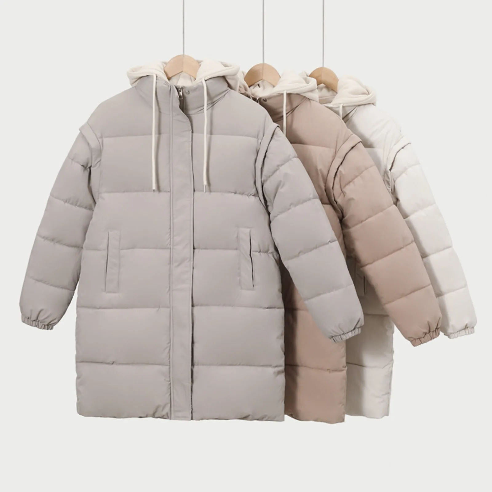 

Women'S Mid Length Detachable Sleeves Loose Warm Cotton Hooded Jacket Coat Vest Warm Padding Parkas Down Jacket Outdoor Jacket