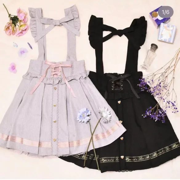 

Letter Suspender Skirt Women Ribbon Bow Mine Series Fashion Lolita Mini Skirt Female High Waist A Line Sweet Short Skirt