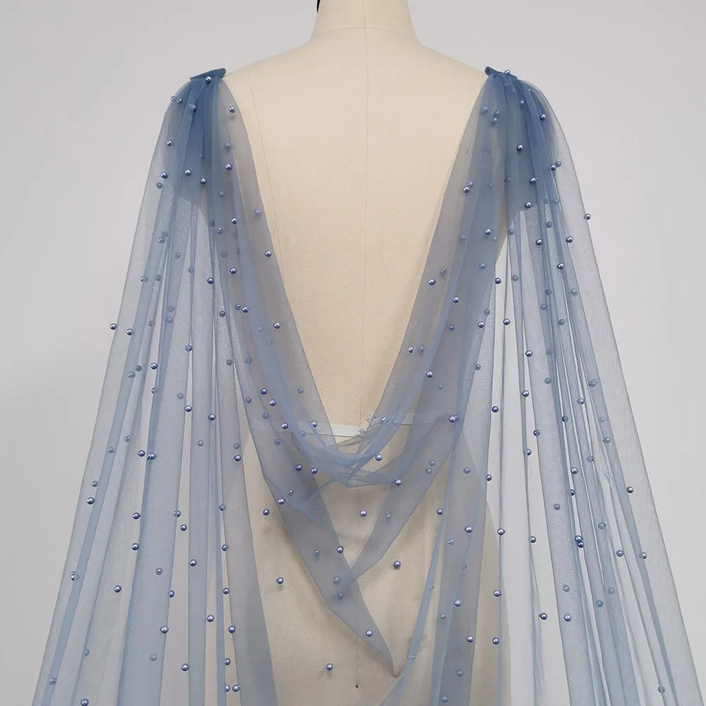 

Light Gray Blue Pearls Wedding Cape Romantic 3 Meters Long Shoulder Veil with Pins Bridal Bolero Wedding Accessories