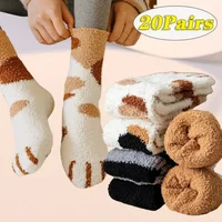 20Pairs Cute Cat's Paw Floor Socks for Fall and Winter Thickened Half-fleece Moon Socks for Women Coral Velvet Mid-calf Socks 1