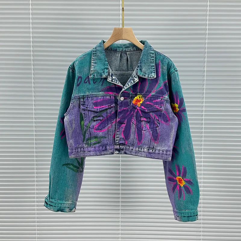 

Короткая джинсовая куртка с цветочным принтом ручной росписи, Повседневная Уличная одежда с лацканами и длинным рукавом, новинка весны, искусственное пальто