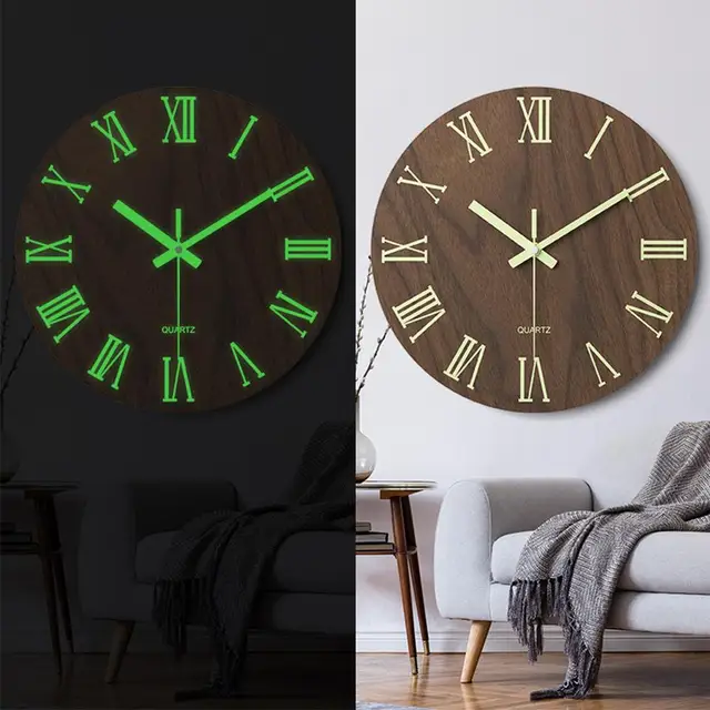 12 Inch Round Wooden Luminous Wall Clock Silent Non Ticking Clock Light