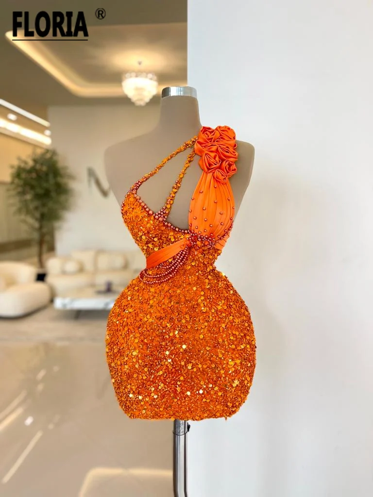 Sparkly Sequins Orange Short Party Dress Cocktail One Shoulder Beaded Mini Special Occasion Dresses Couture