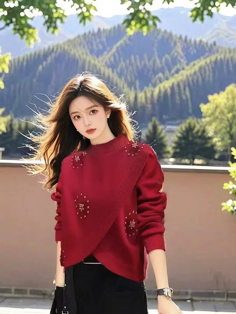 thumbnail image 1 of Suéter de lana con cuentas para mujer, ropa de moda sólida, otoño e invierno, nuevo, suelto, cuello medio alto, rojo, grueso, para viajar al trabajo, 1 of 5