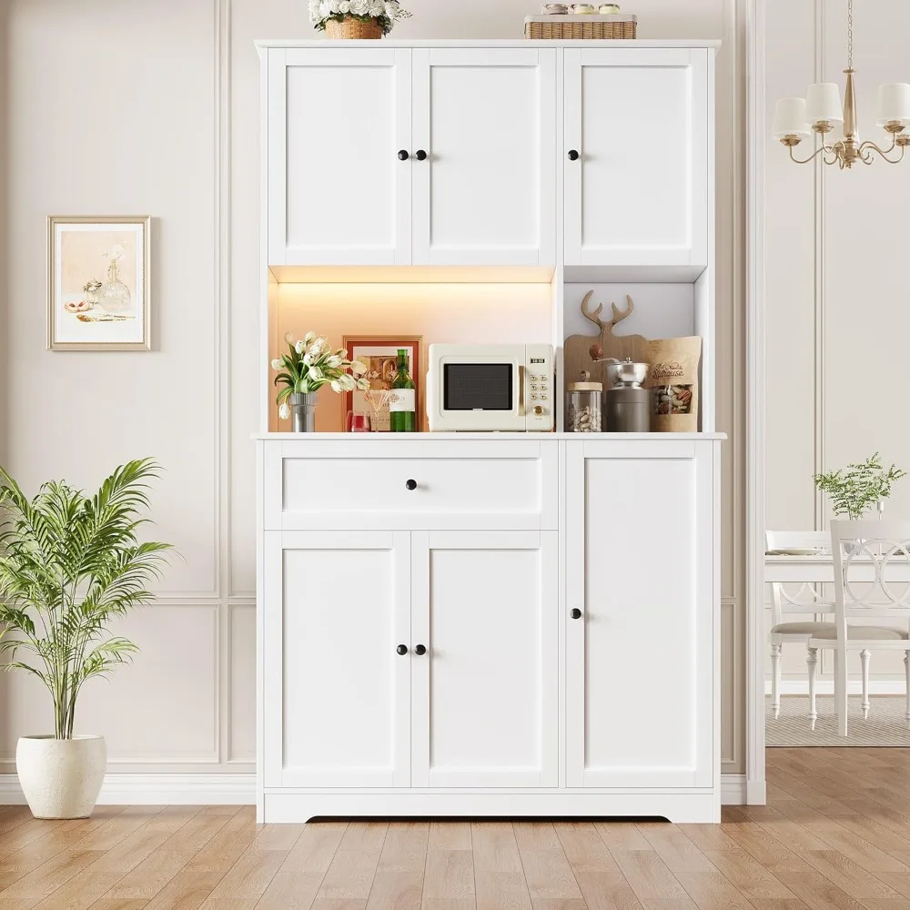 Pantry Cabinet with Charging Station and LED Lights, 71" Tall Kitchen Pantry Cabinet with Microwave Stand,Kitchen Hutch Cabinet 4