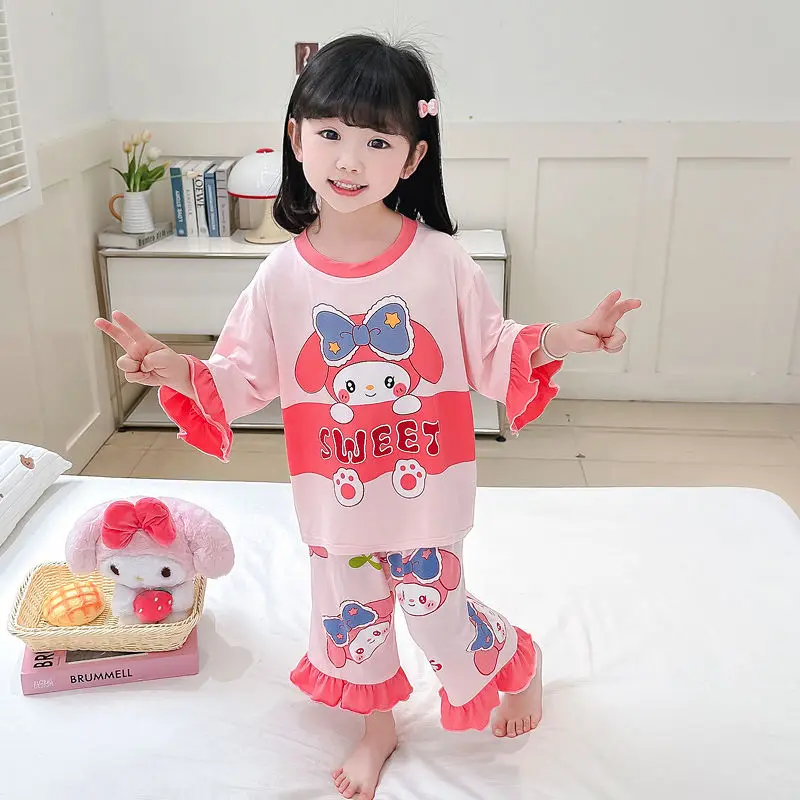 

2024 Kawaii Kuromi Children Pajamas Sanrio Anime My Melody Summer Cartoon Cute Baby Homewear Clothes Short-Sleeved Pant Kid Gift
