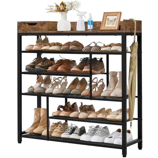 6-Tier Metal Shoes Rack Organizer with Wooden Top for Entryway, Rustic  Brown - AliExpress