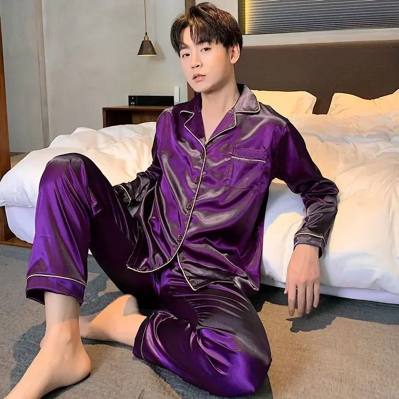 

Spring 2 Long Men Homewear Sets Satin Male Collar Pajama Pieces Silk Pijama Turn-down Nightwear Sleeve Sleepwear