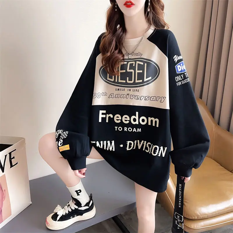 Autumn and Winter Women's Patchwork Letter Contrast Round Neck Long Sleeve Loose Pullover Sweater Fashion Casual Formal Tops