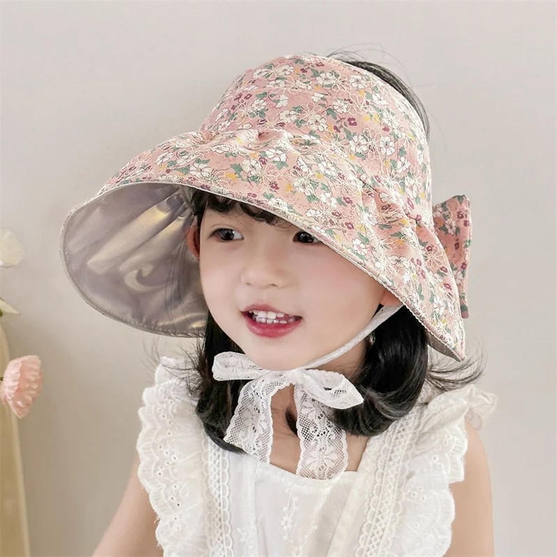 

2024 Summer Floral Print Sun Hat Girls Visor Cap For Kids Wide Brim Outdoor Travel Beach Sun Protection Girls Cap Bonnet Gorras