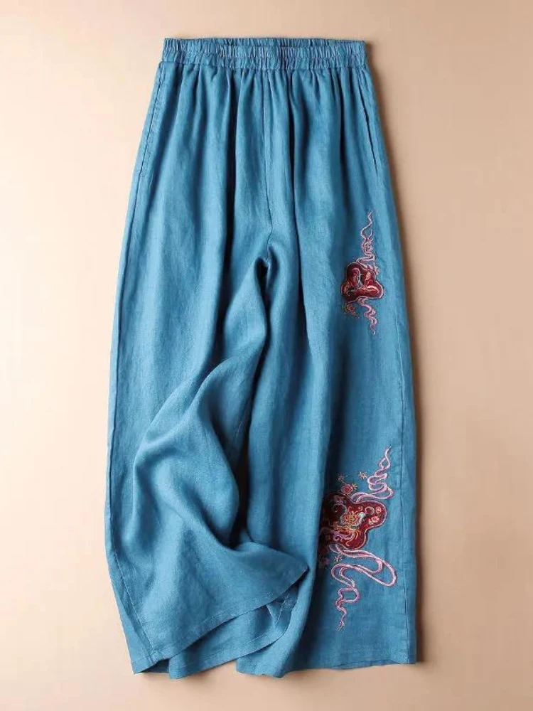 

Embroidered Wide-leg Pants Women 2023 Summer New Fashion Trendy Cotton and Linen High-waisted Loose Straight Casual Pants