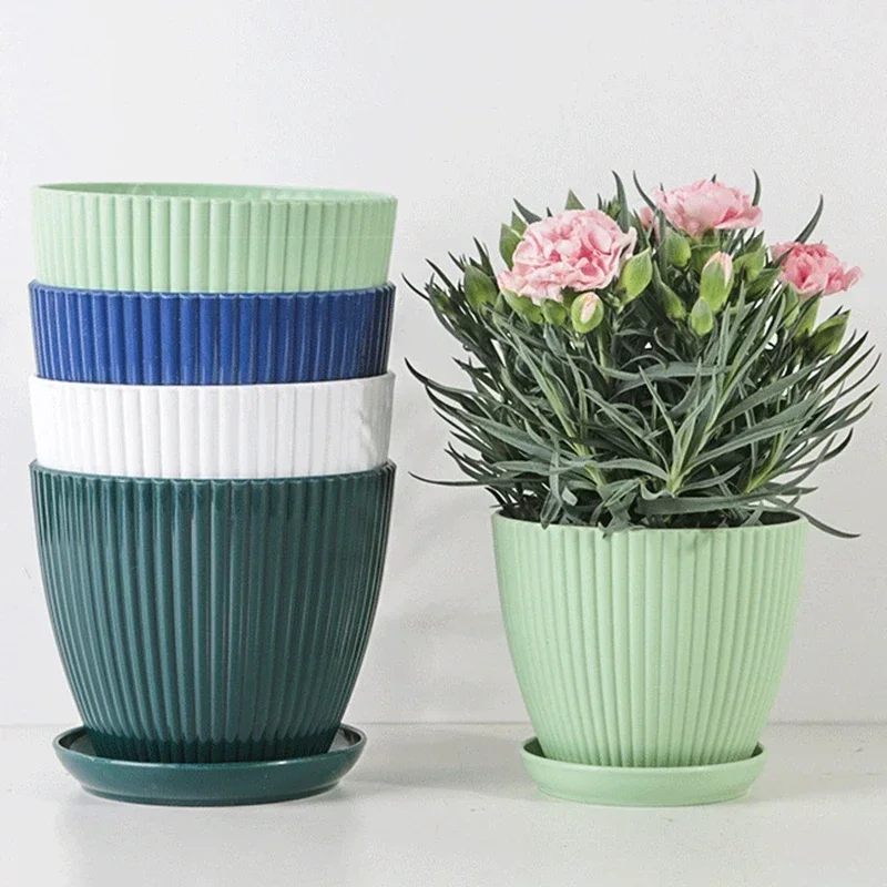 Flower Pot Plastic Flower Pot Succulent Potted Round Pot With Tray Vertical Striped Planters Double Layer Bonsai Home Office Desktop Decor