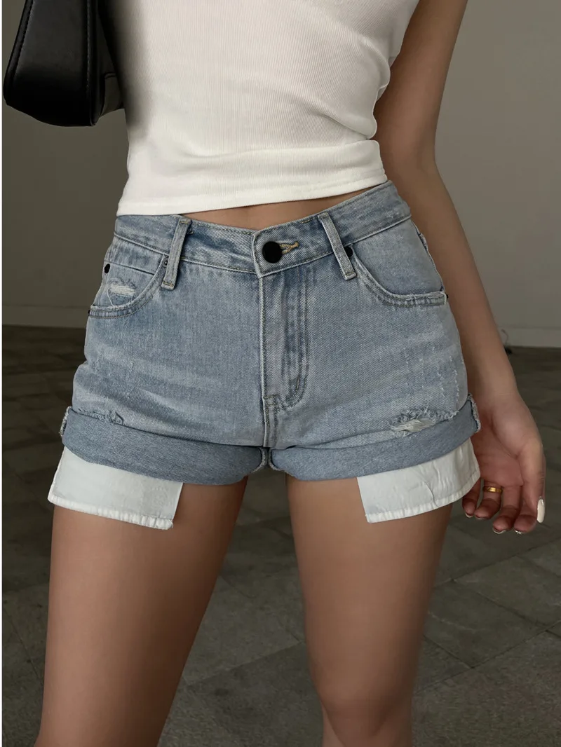 

Spicy Girl Washed Curled A-line Denim Shorts Women Summer New High Waist Casual Wear Out Hot Shorts Fashion Sweet Women T7MY