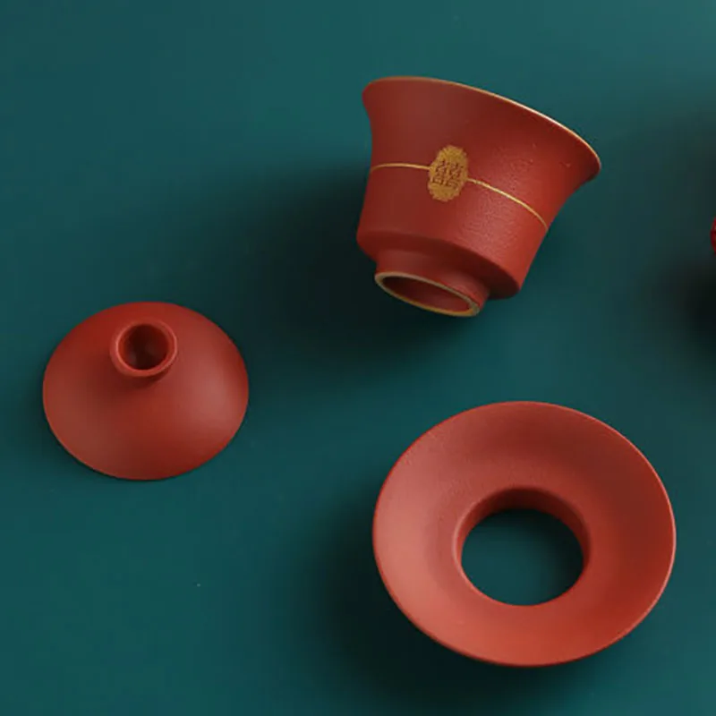 Gaiwan Porcelain Ceramics Teacups Cups, Chinese Double Happiness Cover Bowl, Saucer for Red Wedding Party, Ceremony Gifts
