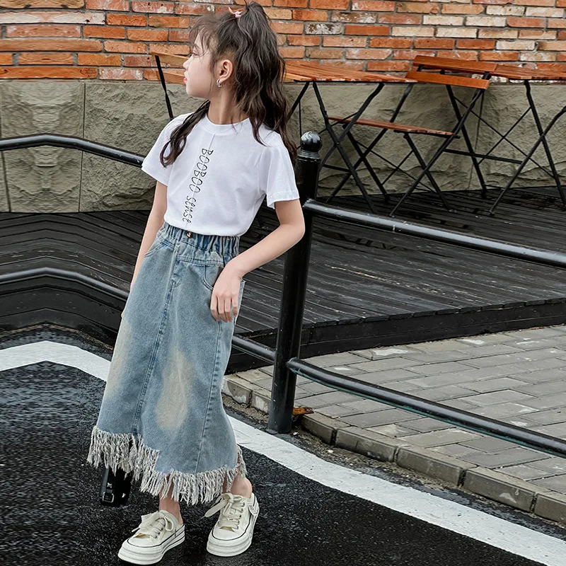 

Korean Summer Teenager Girl 2PCS Clothes Set Children Girl Letter Casual T-shirt Tops+Tassels Denim Skirt Students Clothes Sets