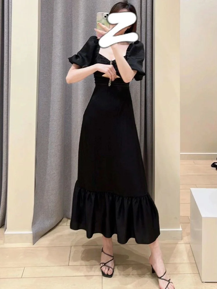 summer-new-2024-women-square-collar-black-robe-fashion-hollow-out-short-sleeve-high-waist-female-temperament-mid-length-dress