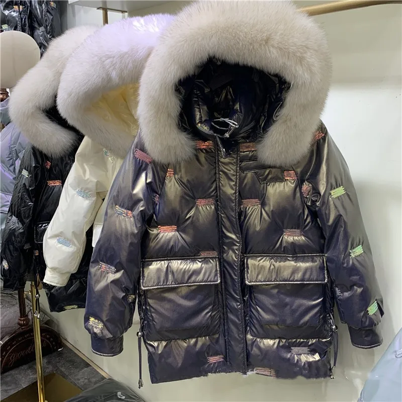 

2023 winter bright face down jacket women's medium and long washable sequin thickened 90% white duck down high-quality coat