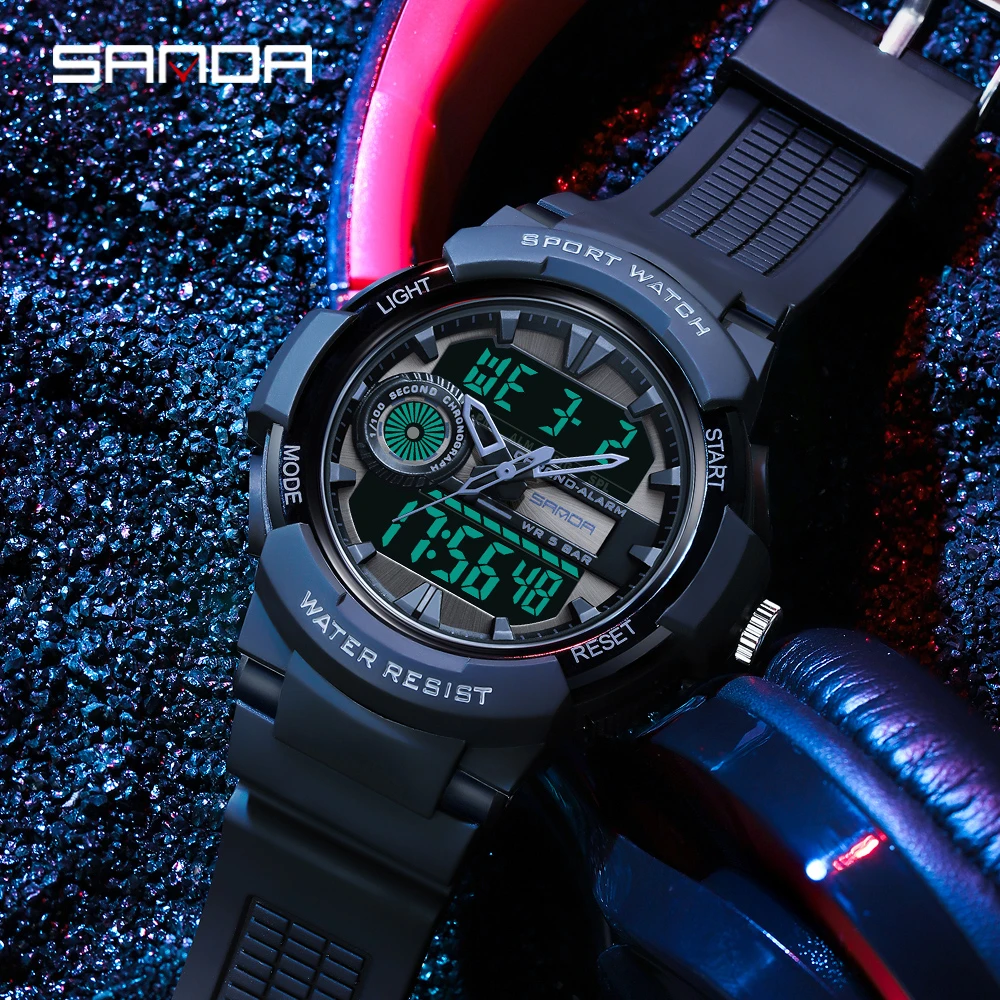 SANDA Big Dial Men Digital Watch Military Sports Watches Dual Display Waterproof Electronic Wristwatch Relogio Masculino