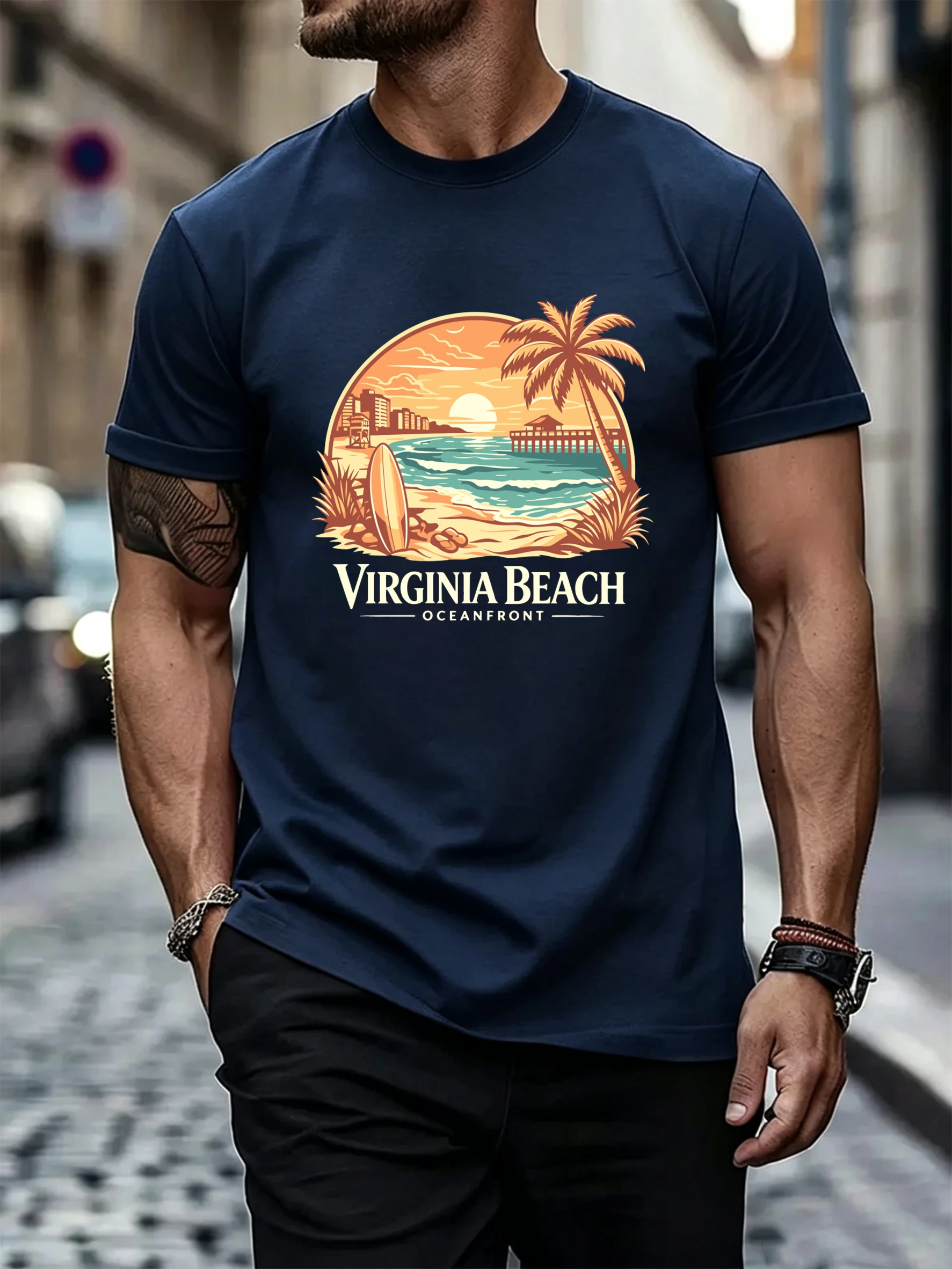 Virginia Beach Surfing Printing Summer T Shirts Man All-Match Cotton T-Shirt Sport Soft Streetwear Comfy Loose Short Sleeve 1