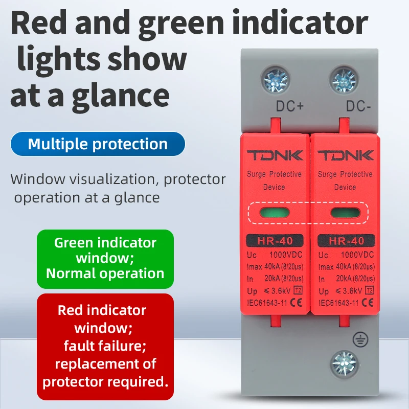 Low Voltage DC 2P Surge Protector Photovoltaic Lightning Protection 500V 800V 1000V 0KA-40KA Current Rating