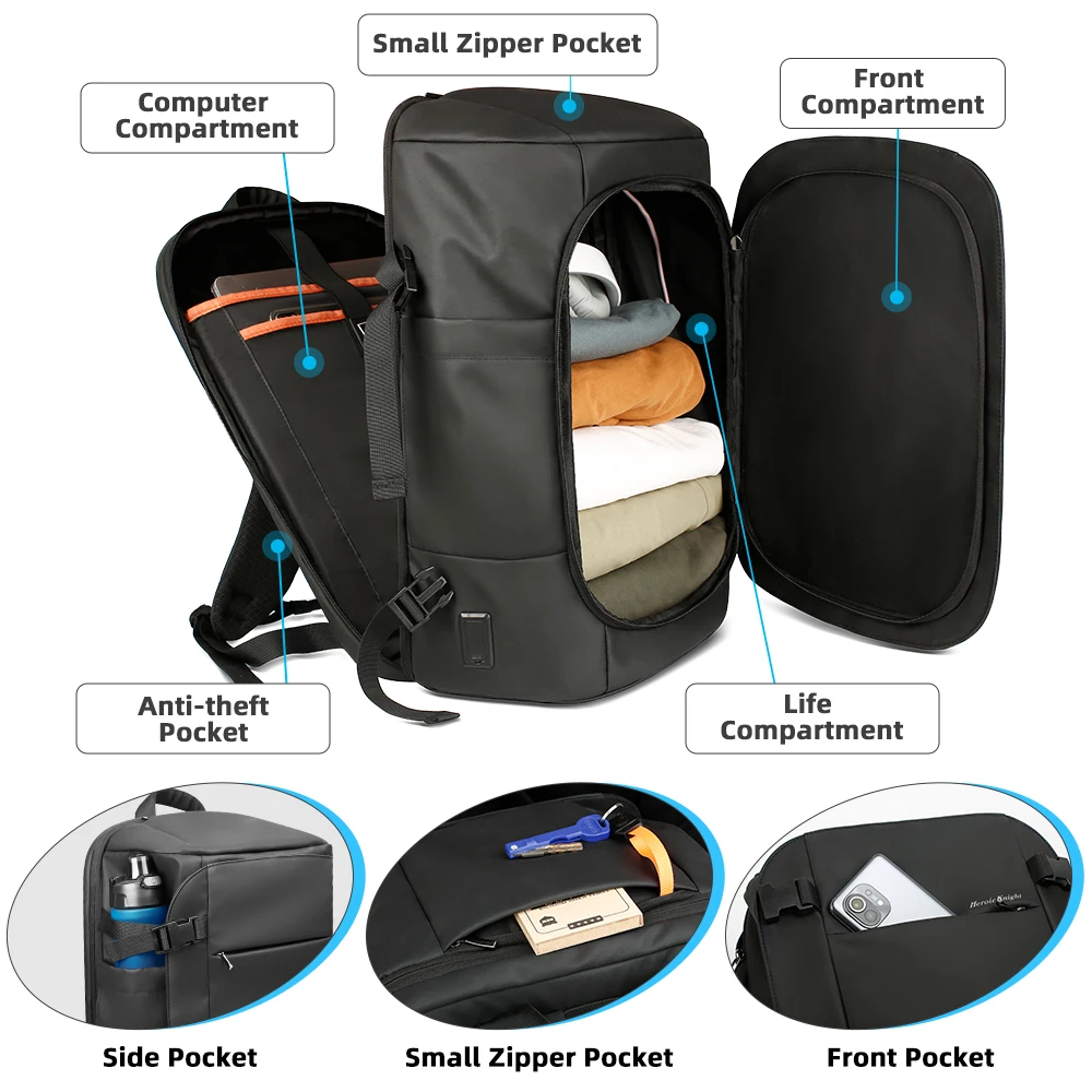 Heroic Knight-mochila de viaje para hombre, impermeable, de gran capacidad, a la moda, para ordenador portátil, bolsa de carga USB expandible, para negocios, 17,3