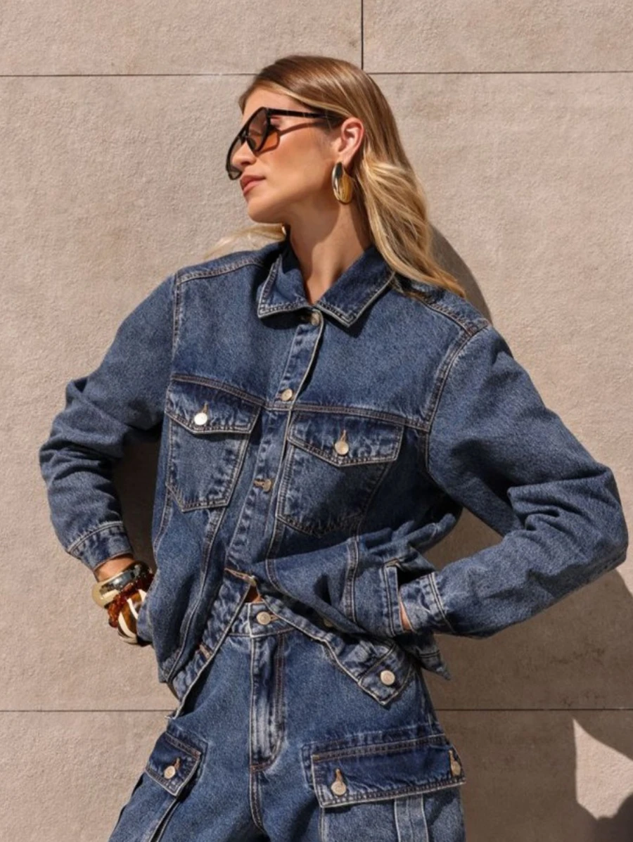 Bornladies Women's Retro Dark Blue Denim Jacket Lapel New Autumn Loose Stylish Casual Daily Outerwear Denim Tops